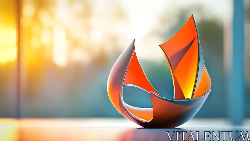 Modern abstract orange glass sculpture with sunlight background.