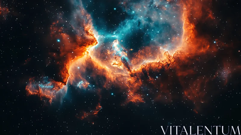 Vivid deep space nebula with blue core and orange clouds.