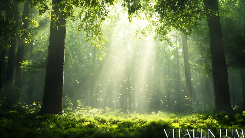 Sunbeams Illuminate Serene Green Forest in Morning Glow.