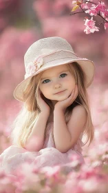 Young girl in sun hat among soft pink blossoms.