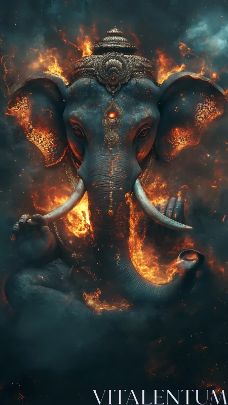 Flaming elephant deity rises calmly from swirling embers