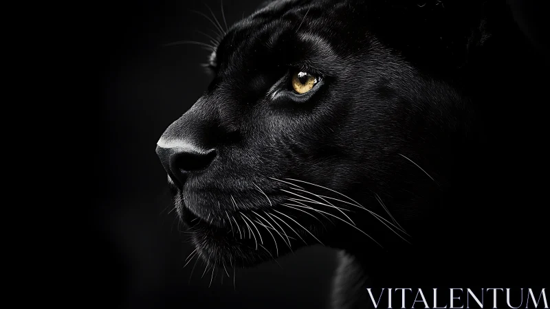 Black panther profile shows piercing amber eyes against dark background.