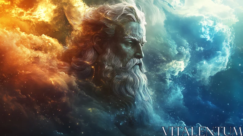 Cosmic deity portrait divides fiery dawn and cool nebula