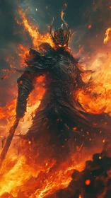 Armored fire demon strides through infernal battlefield in flames