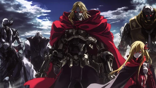 Cyborg warlord squad advances under stormy sky with red cloaks