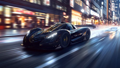 Midnight supercar glides through neon city streets in motion