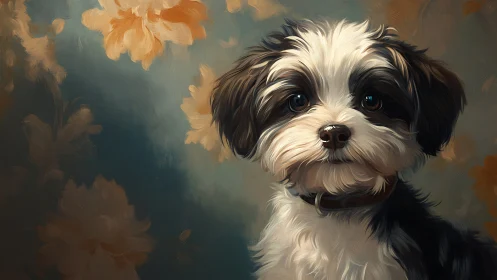 Gentle puppy portrait amid painterly floral backdrop.
