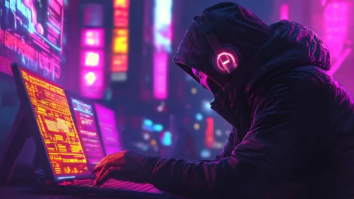 Hooded computer user at neon workstations in urban nightscape.