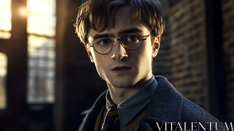 Young man with glasses in soft backlit urban interior.