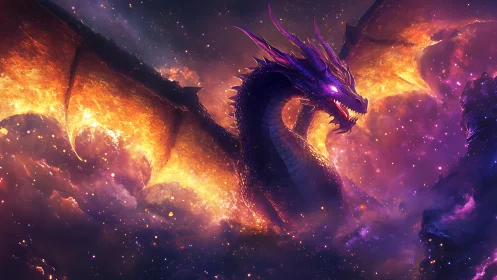 Cosmic fire dragon emerging from radiant nebula sky.