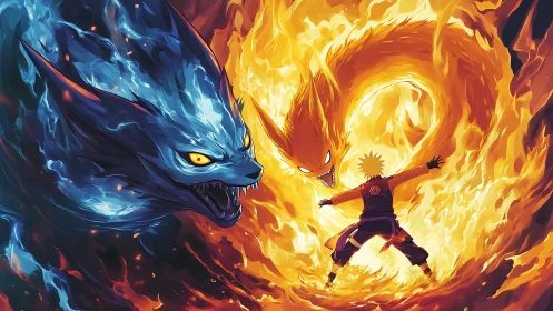 Flaming fox spirals clash with a lone ninja in blazing focus