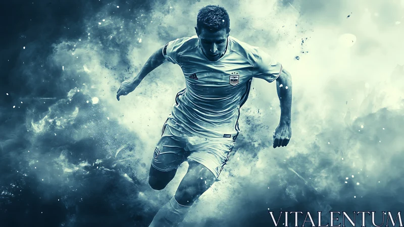 Dynamic soccer runner in blue energy cloud effect.