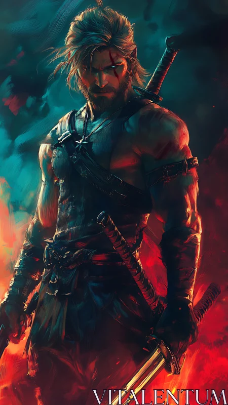 Bicentric dual-sword warrior in chromatic thermal contrast.