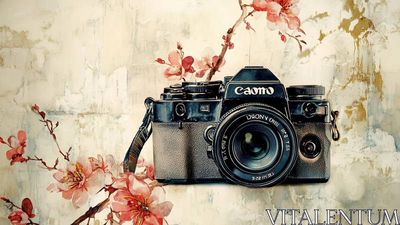 Vintage SLR camera with floral overlay on textured pastel wall