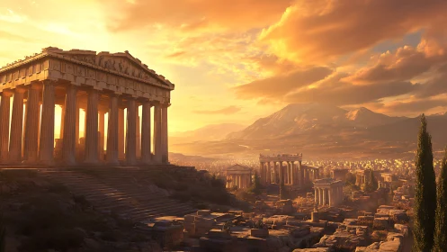 Sunlit Parthenon crowns ancient Athens in golden evening haze