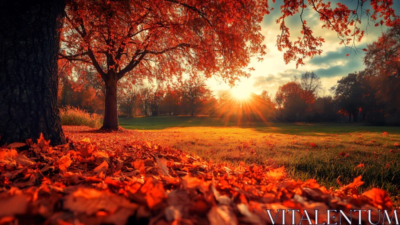 Low sun through autumn oaks across a glowing leaf carpet.