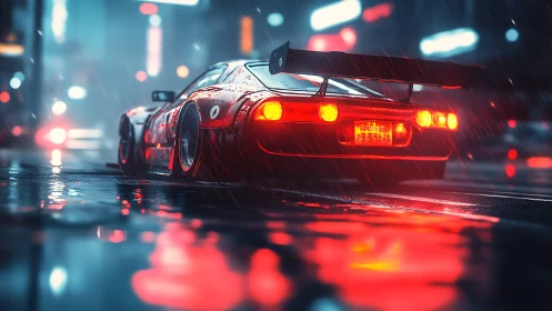 Modified red sports car glows in rainy neon city street