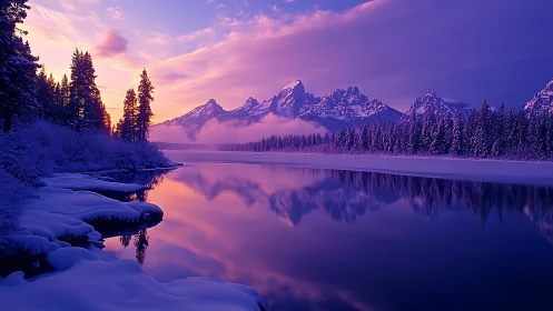 Winter mountains glow gently above a calm mirrored lake