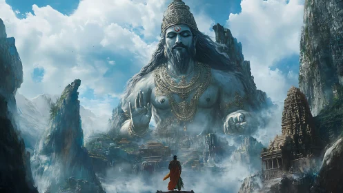 Colossal mountain deity dominates mist-laden temple valley