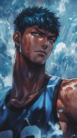 Hyperreal anime athlete under dynamic splash lighting field.