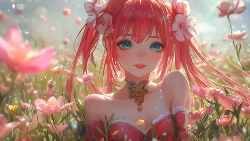 Chromatic anime portrait of floral nymph in sunlit meadow.