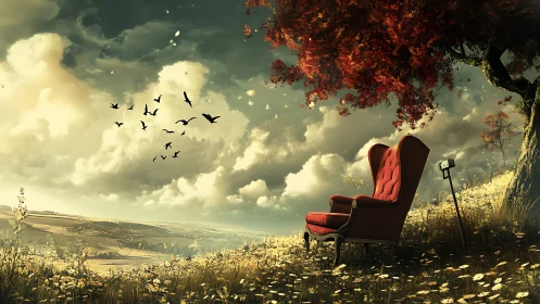 Solitary red armchair invites quiet wonder beneath autumn sky
