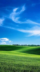 Rolling green fields rest peacefully beneath vivid blue skies