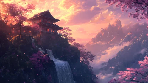 Mountain temple above cascading waterfall under ethereal sunset