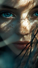 Freckled face close-up under dappled light shadows.