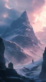 Solitary figures in snowy mountain pass at dusk light.