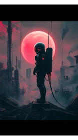 Lone space wanderer pausing beneath a glowing red moon.