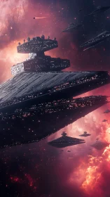 Star destroyer armada drifts through ember-bright nebula