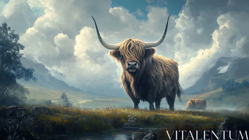 Long‑horned highland cattle stand in a misty valley meadow