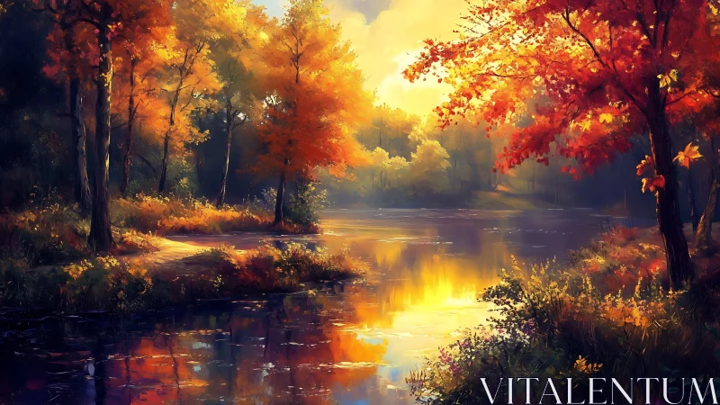 Digital painting of luminous autumn lakeside forest vista.