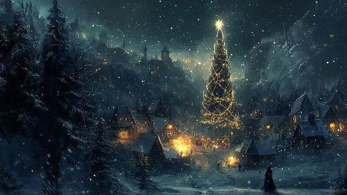 Snowy village square centers on towering lit Christmas tree