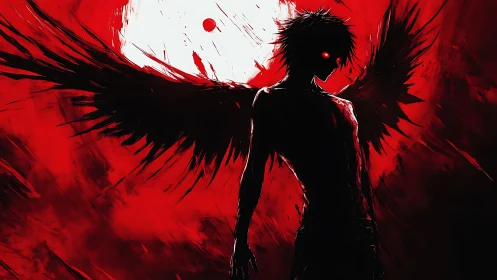 Silhouetted winged figure stands before large backlit moon