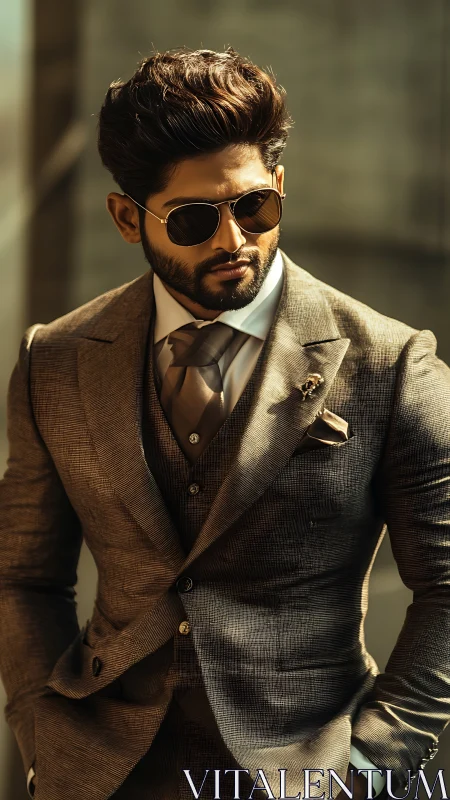 Stylish man in tailored brown suit exudes modern confidence.