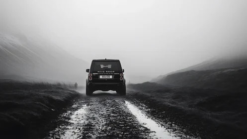 SUV on misty gravel road under dramatic grayscale sky.