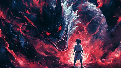 Warrior confronts colossal flaming beast in swirling chaos