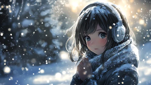 Snow covered anime girl with headphones in soft bokeh light