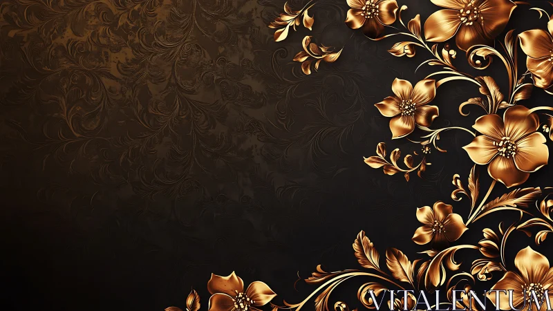 Ornate metallic floral arabesque forms curve across dark relief