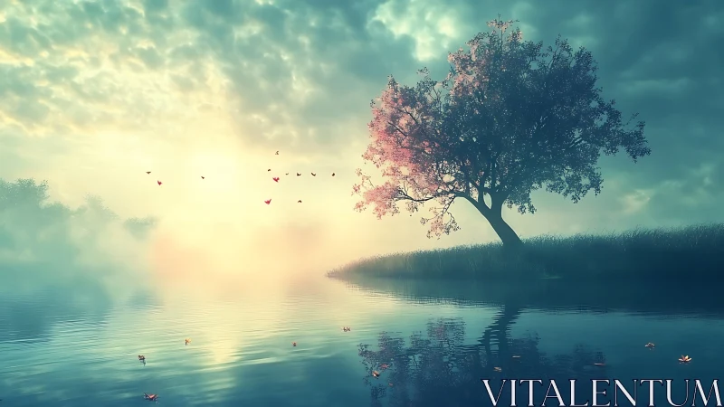 Sunrise mist crowns a blossom tree beside whispering water