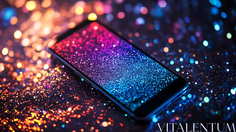 Smartphone on glittered surface with bokeh, RGB gradient display