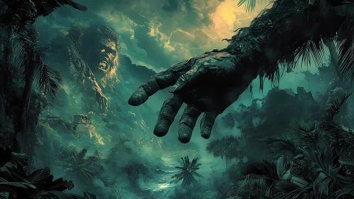 Gentle giant’s jungle reach under storm-tinted skies.