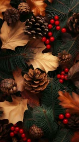 Pine cones, dry leaves, and red berries arranged densely