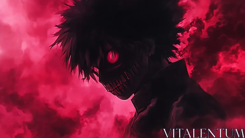 Silhouetted figure with stylized teeth stands in red vapor