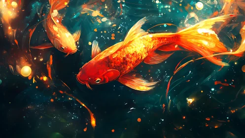 Luminous koi drift through cosmic waterlit constellations.