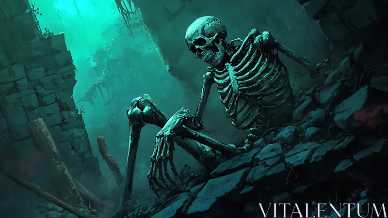 Ancient skeleton reclines in eerie teal-lit ruined crypt.