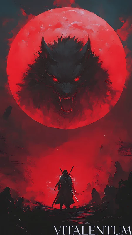 Lone swordsman beneath roaring blood moon wolf spirit.