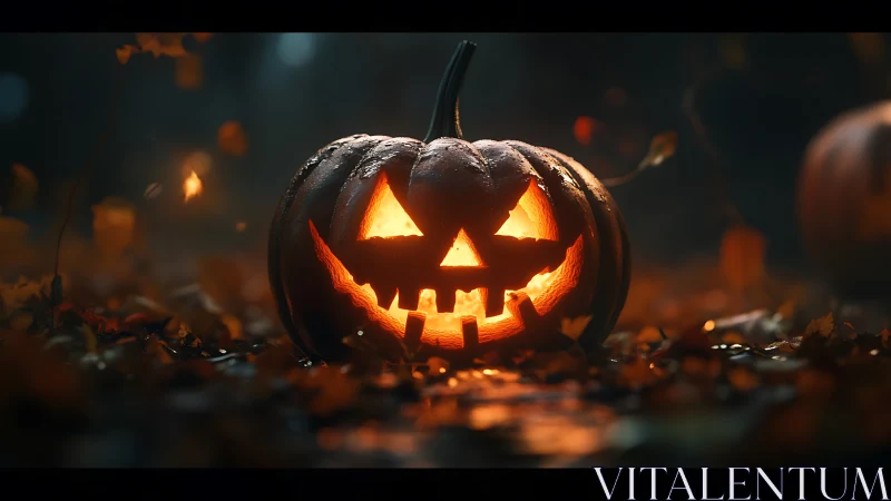 Glowing jack o lantern smiling warmly on an autumn night.